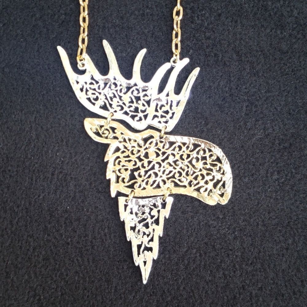NWT Very Cool Silver Gold 22" Moose Pendant Swinging Necklace - Picture 6 of 8